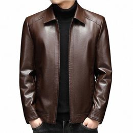 busin Leather Jacket Men's Imitati Sheepskin Overcoat Autumn Winter Thin Flip Collar Middle-aged Dad's Outfit Plush Coat K4HR#