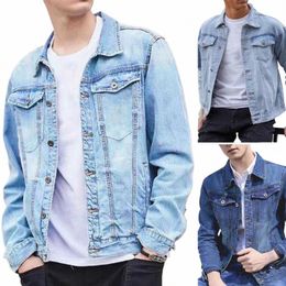 denim Jacket Solid Color Lg Sleeve Outerwear Single Breasted Turn-down Collar Jeans Coat Streetwear Loose Coat Male 80hM#