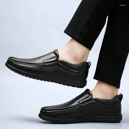 Casual Shoes 2024 For Men Slip On Leather Spring And Autumn Solid Hollow Breathable Low-heeled Business