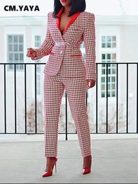 CMYAYA Elegant Houndstooth Blazer Suit and Pants Two 2Piece Set for Women Autumn Winter Classic OL Street Outfit Tracksuit 240327