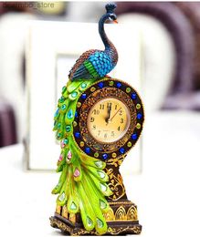 Desk Table Clocks Free delivery refined table clock resin cabinet tropical style peacock watch home decoration quartz jumping gemstone green24327
