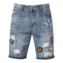 summer Mens Shorts Badge Embroidery Light Blue Slim Fit Denim Shorts Mens Fi Trend Skinny Jeans Men Beach Mens Denim j2L1#