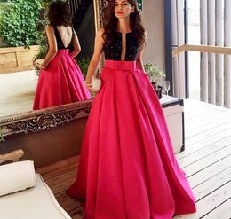 Two Tone Ballgown Formal Evening Dresses Black Crystal Boat Neck Deep V Open Back with Sash Long Pageant Prom Gowns1314914