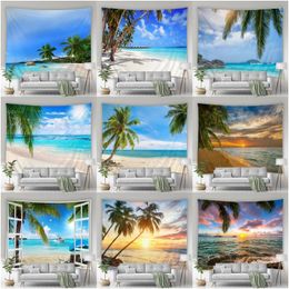 Tapestries Ocean Tapestry Seaside Beach Waves Sunshine Summer Palm Tree Sunset Nature Scenery Home Room Decor Background Fabric
