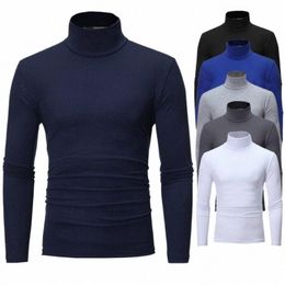 autumn Winter Men's High Neck T-shirt Slim Fit Fi High Elastic Lg Sleeve Cott Casual Breathable Apparel Pullover e7CV#