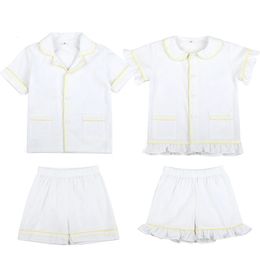 Summer Baby Clothes White Seersucker 100% Cotton Short Sleeve Kids Pajamas Set Siblings Matching Ruffled Boys Girls Pyjamas 240314