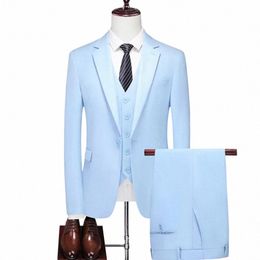 2023 Fi New Men's Boutique Busin Slim Solid Color Suit Set / Male Slim Fit Double Split Dr Blazers Jacket Pants Vest Y0VH#