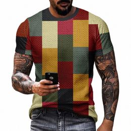 men's Plaid 3D Pattern T-shirt Summer Casual Pullover Men's Fi Loose Sleeve Top m0WR#