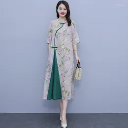 Party Dresses 2024 Patchwork Print Floral Buckle Vintage Chinese Style Dress Robes Thin Soft Light Loose Cosy Women Casual Summer