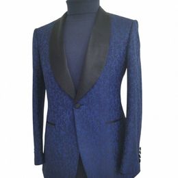 navy Blue Wedding Men's Suit Jacquard Blazer Sets Slim Fit One Butt Formal Dinner Custome Tuxedo 3 Pieces Jacket+Pants+Vest n615#