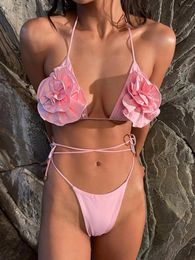 Women's Swimwear Sexy 3D Flower Bikini Bandge For Women 2024 Halter Lacing Sets Swimsuit Bathing Suits Pink White