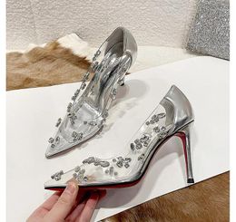 Dress Shoes 2024 Versatile Silver High Heels Women's Banquet Water Diamond Transparent Pointed Thin Single