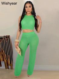 Women's Two Piece Pants Elegant Summer Solid Knitted 2 Pieces Set Women Clothing Sleeveless Crop Top And Matching Suts Streetwear Club