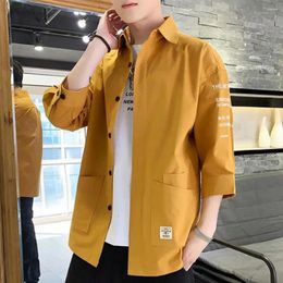 Men's Casual Shirts Men Loose Top Japanese Style Cargo Shirt Coat With Turn-down Collar Three Quarter Sleeves Pockets Soft Breathable