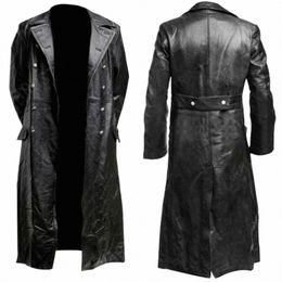 men's GERMAN CLASSIC WW2 MILITARY UNIFORM OFFICER BLACK REAL LEATHER TRENCH COAT 73XJ#