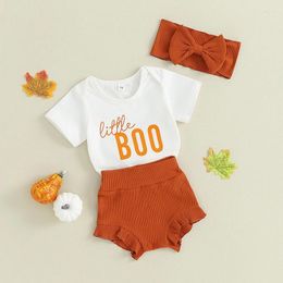 Clothing Sets Baby Girls 3Pcs Halloween Outfits Short Sleeve Letter Romper Ruffle Shorts Headband Set Infant Clothes