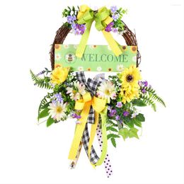 Decorative Flowers Spring Daisy Wreaths For Front Door Artificial Summer With Bow Green Leaf Farmhouse Wreath