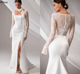 Abiti da sposa semplici a sirena in pizzo Boho Vintate collo quadrato maniche lunghe Abiti da sposa chic Sweep Train Bottoni posteriori divisi sexy Abiti da sposa moderni CL3425