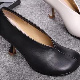 Dress Shoes Sewing Lines For Ladies Round Toes Women's Leather Chassure Femme Solid High Heels Shallow Female Pumps Zapatos De Mujer