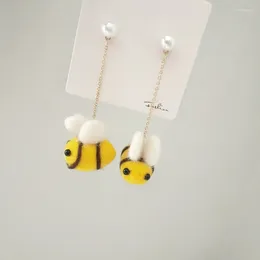 Dangle Earrings Super Cute Girl Wool Felt Little Bee Imitate Pearl Long Tassel Fur Ball Style