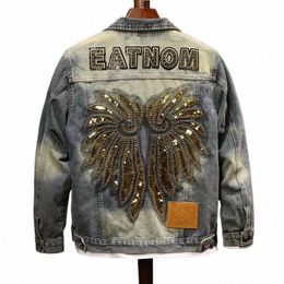 fi Nostalgic Denim Jacket Men's Retro Classic Wings Sequin Design Trendy Casual Menswear Motorcycle Jacket S7C0#