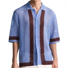 Men's Polos Men 2024 Fashion Short Sleeve Knitted Oversize Shirt Casual Hollow Button Lapel Tee Top Retro Contract Color Summer Polo