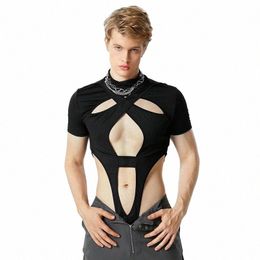 2023 Men Bodysuits Solid Turtleneck Short Sleeve Hollow Out Unisex Rompers Sexy Streetwear Fi Bodysuits T Shirts INCERUN 7 Y9KW#