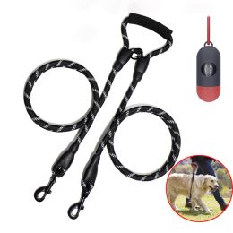 Leashes Reflective Two Large dog Leash 1 leash for 2 Dogs Double big Dog traction rope soft Foam handle dog lead with Poop Bag Dispenser