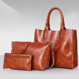 Shoulder Bags 3PCS Women's Bag Set Fashion Oil Wax PU Leather Ladies Handbag Solid Color Messenger Wallet For Women 2024