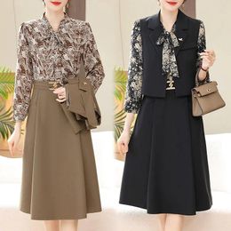 Work Dresses Spring And Autumn Vintage Printed Long Dress Set Women's Vest Suit Ladies Elegant Sleeve Two Piece