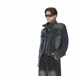 new Spring Retro Mens Denim Jacket Korean Hip Hop Stand Collar Coat Patchwork W Fi Casual Simple Couple Outerwear J6Eu#