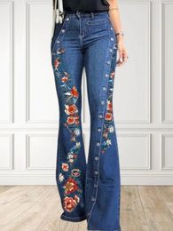 Women Fashion Plain Button Decor Flare Leg Long Denim Pants Floral Embroidery Ladies High Waist Skinny Bottom Wide Leg Jeans 240319