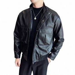 top Grade New Brand Designer Casual Fi Faux PU Men Leather Jacket Plain Black Motorcycle Fall Winter Coats Men Clothing G3gD#