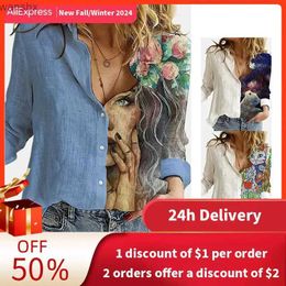 Women's Blouses Shirts Fashionable splicing cute cat print long sleeved shirt for womens 2023 spring lapel button casual womens large cotton polyesterL240328