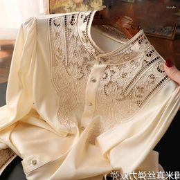 Women's Blouses Imitation Silk Shirt Cut Out Embroidery Long Sleeve Fashion Summer Blouse Spring