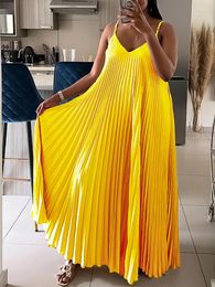 Casual Dresses Women Loose Dress Spaghetti Strap Adjustable Summer Spring Fashion Pleated Shiny Beachwear Maxi Robes Gowns Female Nwe