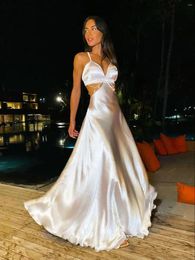 Casual Dresses In Sexy White Deep V Women Dress Sleeveless Naked Waist Pendant Evening Party Long Summer Fashion Elegant A-line