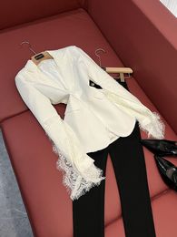 Spring White Solid Color Panelled Lace Blazers Long Sleeve Notched-Lapel Single-Breasted Outwear Coats O4J271762