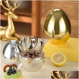 Dinnerware Sets Mini Egg Cutlery Set Gold Sier Stainless Steel Coffee Spoon Dessert Cake Fork Clip 7 Pack In Total Drop Delivery Hom Dhkfy