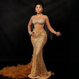 2024 Gold Plus Size Aso Ebi Prom Dresses For Black Women Illusion Promdress Mermaid Long Sleeves High Neck Pearls Tassel Beaded Lace Birthday Dress for Occasion NL640