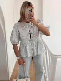 Women's Blouses Lace Up Elegant Print Bow Women Shirt Fashion Half Sleeve Hollow Out Female Shirts 2024 Spring Summer Casual Lady Top Blouse
