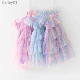 Girl's Dresses 2023 Summer New Girl Party Dress Rainbow Sequin Birthday Princess Costume For Kids Baby Holiday Beach Bathing Mesh Cake Clothes yq240327