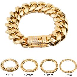 8mm 10mm 12mm 14mm 16mm 18mm Mens 14K Gold Plated Stainless Steel Bracelets High Polished Miami Cuban Link Punk Curb Gold Bracelet173O