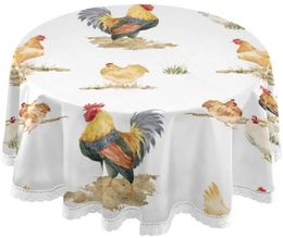 Table Decoration for Party Watercolour Rooster Round Tablecloth Lovely Chicken Polyester White Lace 60 Inch Dinner 240312