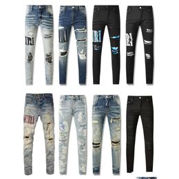 Mens Jeans 2023New Men Hole Light Blue Dark Grey Italy Brand Man Long Pants Trousers Streetwear Denim Skinny Slim Straight Biker Jean Otou8