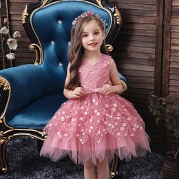 2023 Petals Designs Girl Dress Children Party Costume Kids Formal Events Vestidos Infant Tutu Flower Fluffy Wedding Gown 3 5 7T 240312