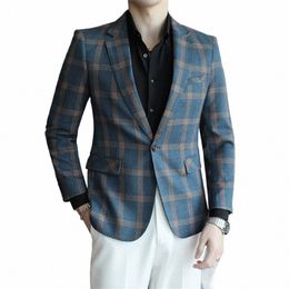 new Spring Autumn Blazers Men Slim Fit British Plaid Formal Suit Jacket 1 Piece Party Wedding Busin Casual Blazer Only Male d2t0#