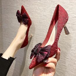 Dress Shoes 2024 Versatile Sexy High Heel Women's Thin Heels Fashion Bow Tip Single Red Wedding