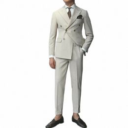 2023 Mens Suits Double Breasted Beige Suit for Man Peak Lapel Blazer Jacket Pants 2 Piece Formal Costume Homme Suits Handsome G8FC#