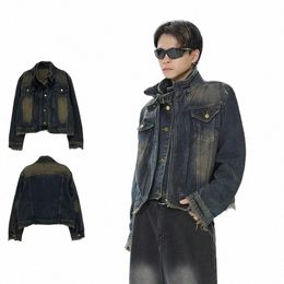 short Fake Two Design Denim Jackets Men Loose Blue W Distred Coats Single Breasted Zipper Coat Casual Cargo Cowboy Outwear k07P#